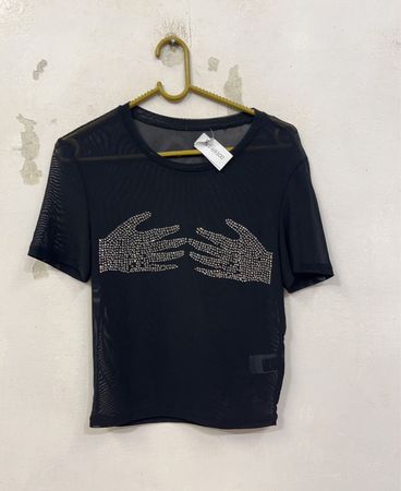 MANFINITY Black Mesh Rhinestone Hand T-Shirt