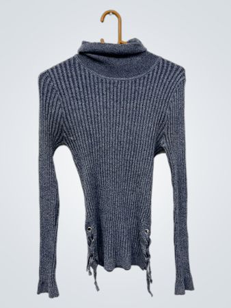 YOKI Grauer Rippstrick-Stehkragenpullover mit Schnürdetail
