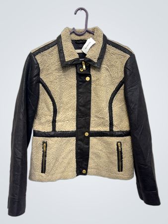 STEFANEL Damen Beige & Schwarz Kunstleder- & Sherpa-Jacke