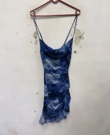 Blue Dragon Print Mesh gerafftes Kleid