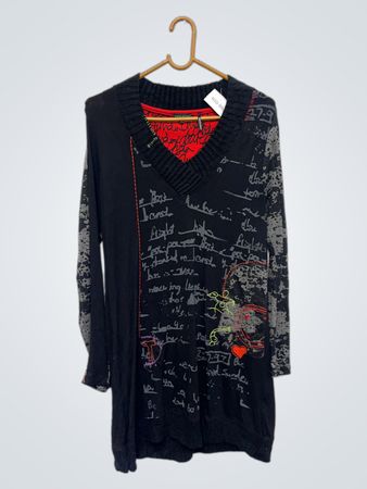 Tricotto Schwarzer Pullover mit V-Ausschnitt und Grafikdruck