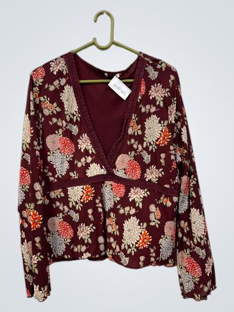 Maroonen Blumenmuster Langarm-V-Ausschnitt-Bluse