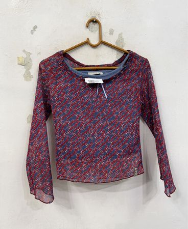 DUBSTER Damen Blaues und rotes Blumenmuster Mesh-Top mit langen Ärmeln