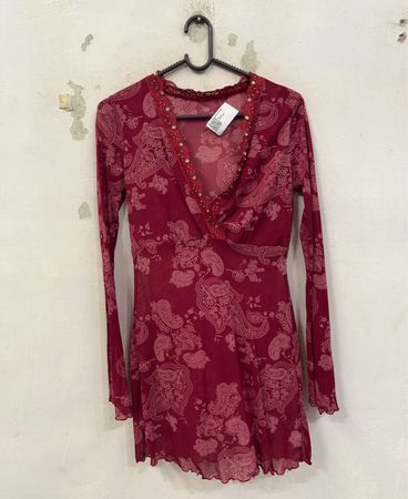 Rotes Paisley-Muster Netz-Minikleid mit Spitzensaum