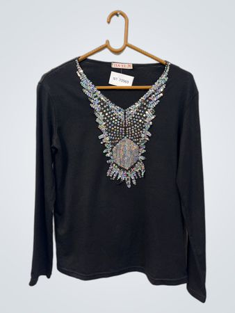 JIA YI Black Pailletten-V-Ausschnitt Langarm-Top
