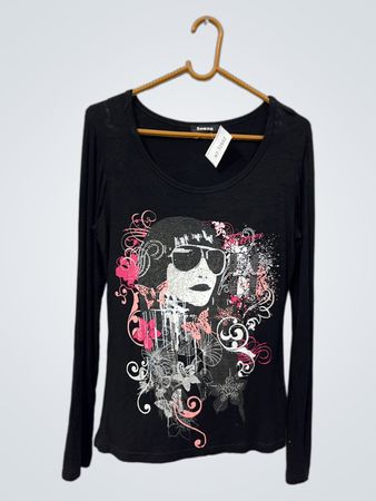 Souzo Black Langarm-T-Shirt mit Grafikdruck