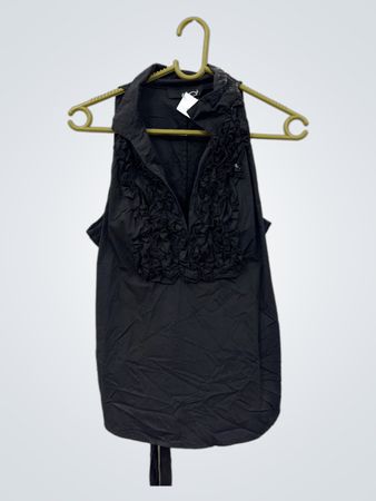 Schwarzes ärmelloses Rüschen-Top mit Kragen