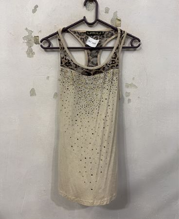 Beiges Tanktop mit Strasssteinen und Leopardenmuster