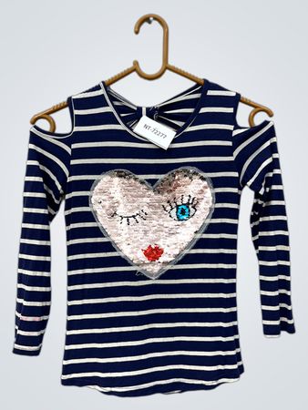 Marineblau-weiß gestreiftes Cold-Shoulder-Langarmshirt mit Paillettenherz-Detail