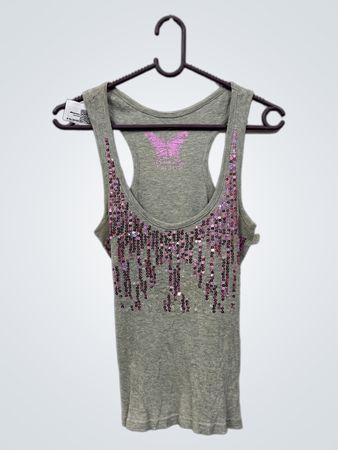 Grau meliertes Tanktop mit pinken Pailletten und Schmetterlingsmotiv