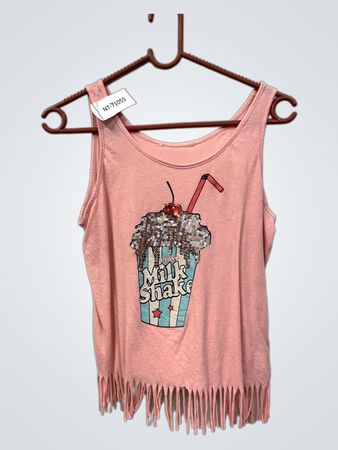 Rosa Tanktop mit Milkshake-Grafik und Fransen-Saum