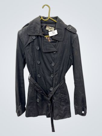 J & J Women's schwarzer Trenchcoat mit doppelreihiger Knopfleiste und Gürtel, Größe L