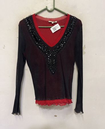 JOFRATT Damen Schwarz-Rot Mesh-perlbesetztes V-Ausschnitt Langarm-Oberteil