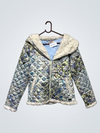 MET Quilted Floral Print Hooded Jacket with Faux Fur Trim