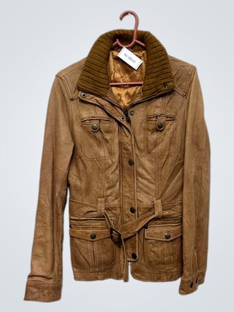 Brown Leather Belted Jacket with Ribbed Collar