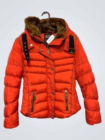 Hikis Fashion Athletic Orange Puffer Jacket with Fur Hood