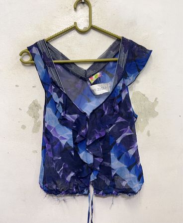 Free People Blue Purple Abstract Print Ruffle V-Neck Top