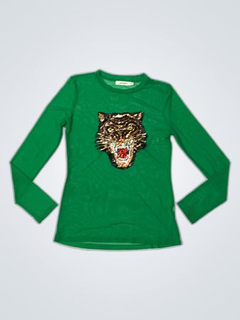 Green Long-Sleeve Sequined Panther Shirt