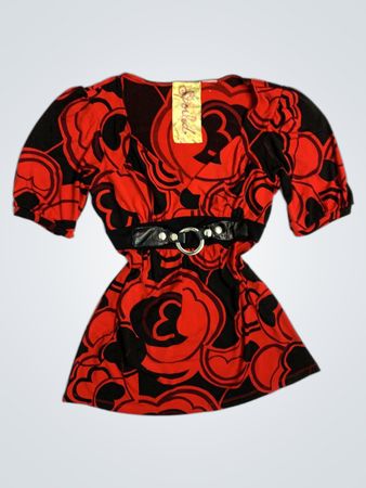Spodul Red and Black Floral Print Dress with Belt