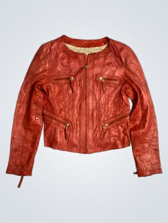 DONDEZ Red Leather Jacket with Gold Zippers