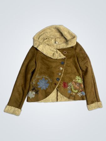 Brown Faux Suede Jacket with Sherpa Collar and Embroidered Details