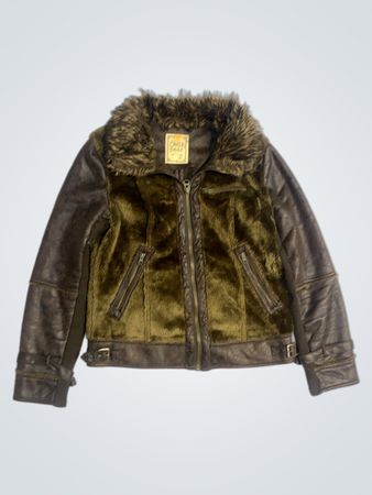 Pull&Bear Women's Brown Faux Leather and Fur Aviator Jacket