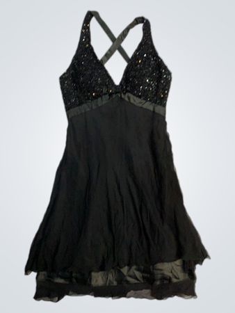 Black beaded halter dress with ruffled hem