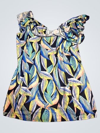 Frauen Kleid mit tropischem Blätterdruck und Rüscheträger