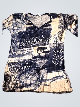 BONITA Damen Blau und Weiß Bedrucktes V-Ausschnitt T-Shirt