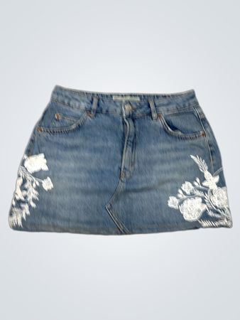 Topshop Moto Denim Mini Skirt with Floral Embroidery