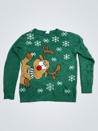 Grüner Weihnachts-Pullover mit Rentieren und Schneeflocken
