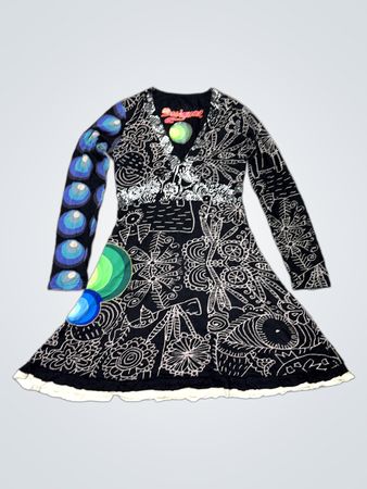 Desigual Schwarzes Bedrucktes V-Ausschnitt Kleid