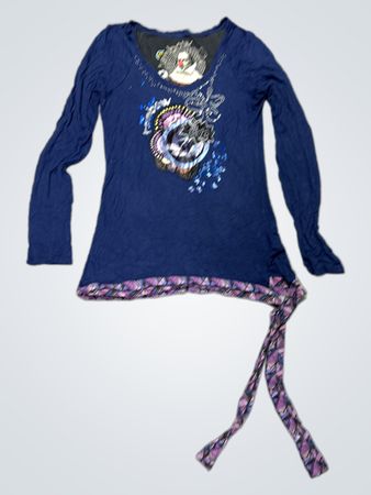 Desigual Blau Langarmtop mit grafischem Druck und Krawattendetail