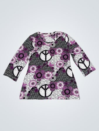 Langes Kleid mit lila Peace-Zeichen- und Blumenmuster, langärmlig