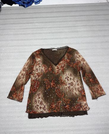 PATRICE BREAL Damen Braun bedrucktes Pailletten-V-Ausschnitt-Top