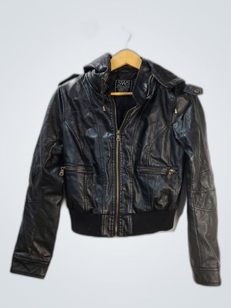 SWSWS Streetwear Society ブラックフェイクレザーフーデッドジャケット