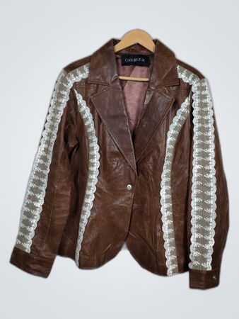 Brown Leather Jacket with White Lace Details