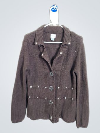 「Chico's ブラウン ニット ボタンアップ カーディガン」