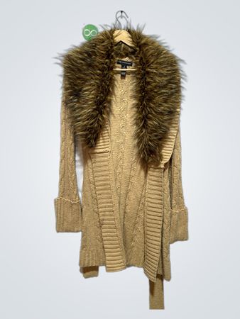 Cardigan de mujer Beige de punto de cable con cuello de piel sintética de INC International Concepts