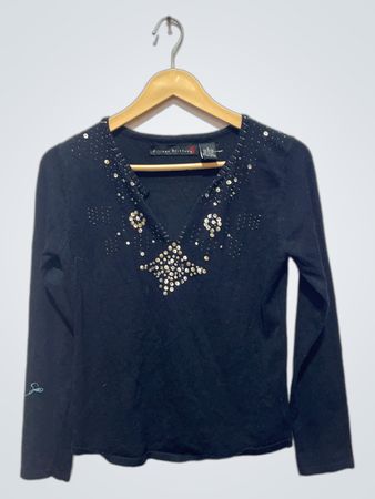 Allison Brittney Black Embellished V-Neck Long Sleeve Sweater