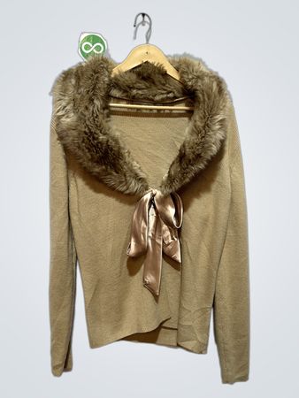 Maglione Tan da donna Croft & Barrow con collare in pelliccia sintetica e fiocco