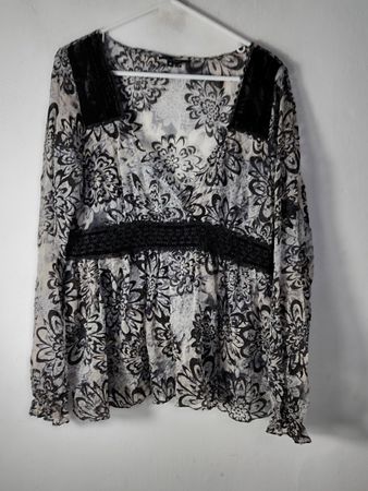 E.C. New York Blouse à manches longues à imprimé floral noir et blanc pour femme taille 14