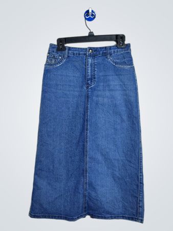 Women's Blue Denim Maxi Skirt with Embellished Pockets
