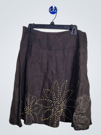 Richard Malcolm Brown Linen Skirt with Floral Embroidery
