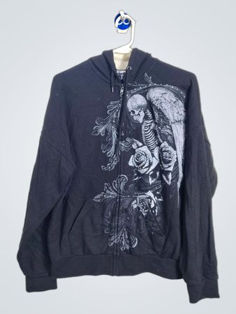 「Hot Topic Black Skeleton Angel Roses Zip Up Hoodie」
