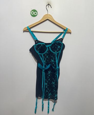 Oh la la Cheri Black and Teal Floral Corset with Garters