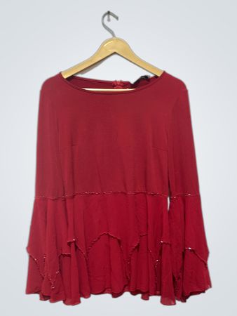 「Kenzel Red Bell Sleeve Beaded Embellished Top」