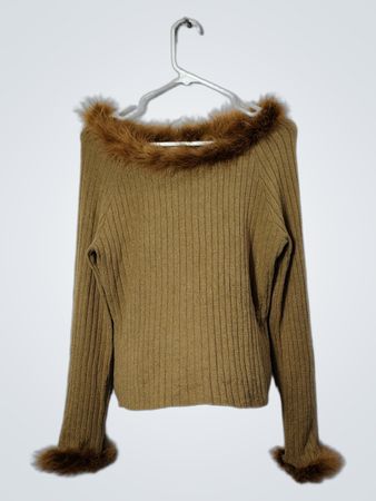 Come Amore Maglione Marrone a Costine con Bordo in Pelliccia