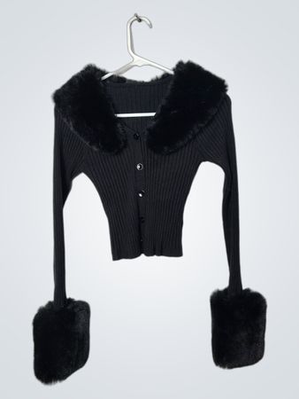 Cardigan Negro de Rayas con Trim de Piel