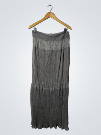 Grey Pleated Maxi Skirt with Lace Detail